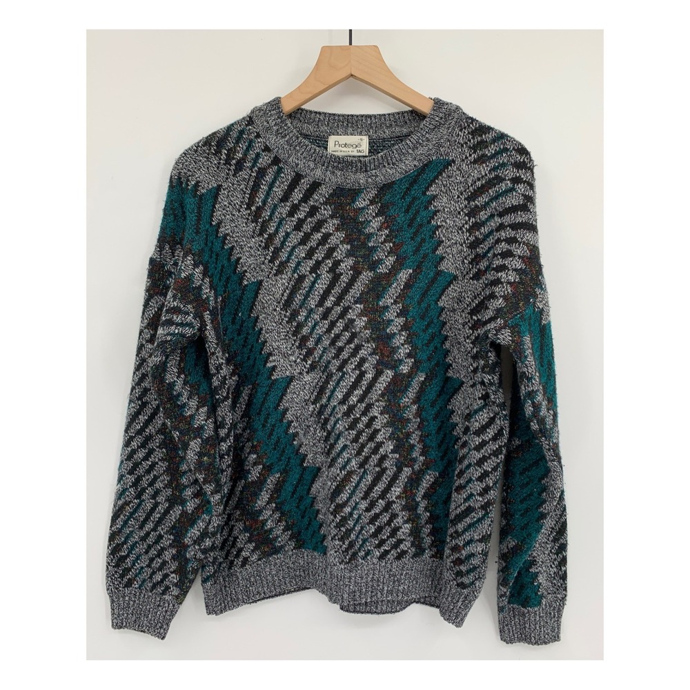 Vintage Protege Sweater Mens Small Gray Abstract Geometric Knit Made USA